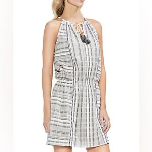 Vince Camuto Gray Jacquard Stripe Cinched Drop Waist Dress